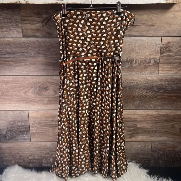 MNG COLLECTION Strapless Mini Dress Bow Belt Brown White Abstract Print Size Med - Picture 6 of 9